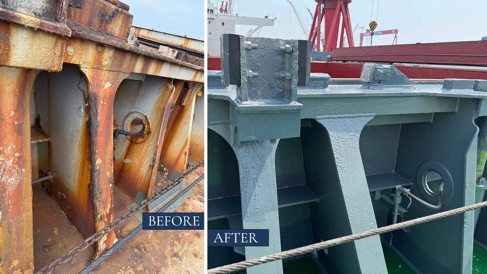 Before-and-after-comparison-of-Sophie-Oldendorff-during-shipyard-repairs,-with-Dragomir-Dragoev-beside-the-refurbished-vessel-2