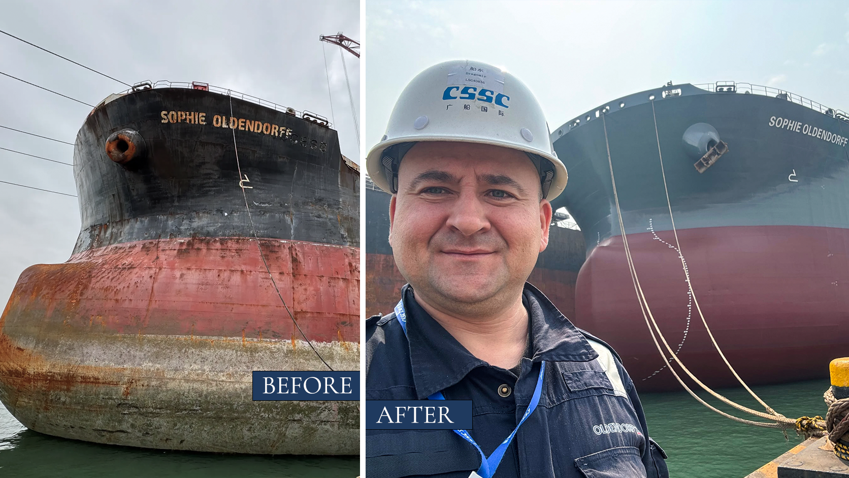 Before-and-after-comparison-of-Sophie-Oldendorff-during-shipyard-repairs,-with-Dragomir-Dragoev-beside-the-refurbished-vessel